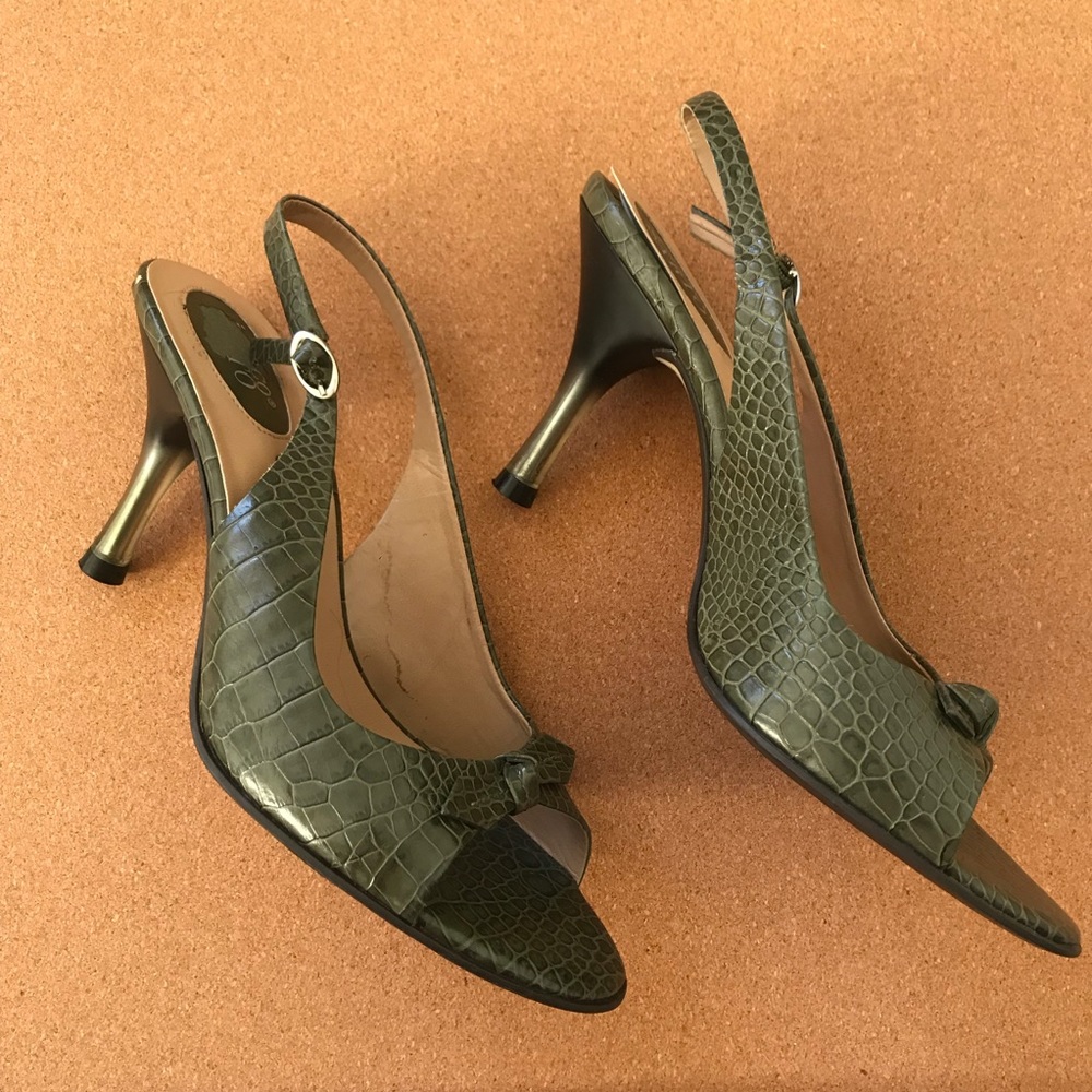 Forest green snakeskin heels